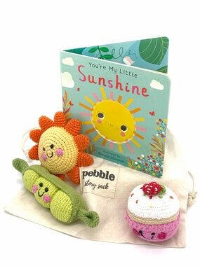 Pebble Story Sack Kids Toy Book Set with 3 Crochet Rattle Toys